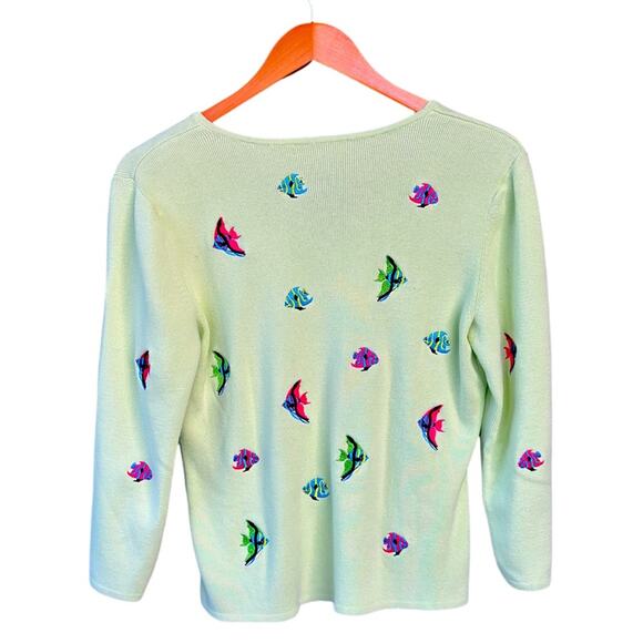 Alexandra Bartlett Cotton Sweater Petite Large Green V-Neck Embroidered Fish 3/4 - Picture 2 of 4